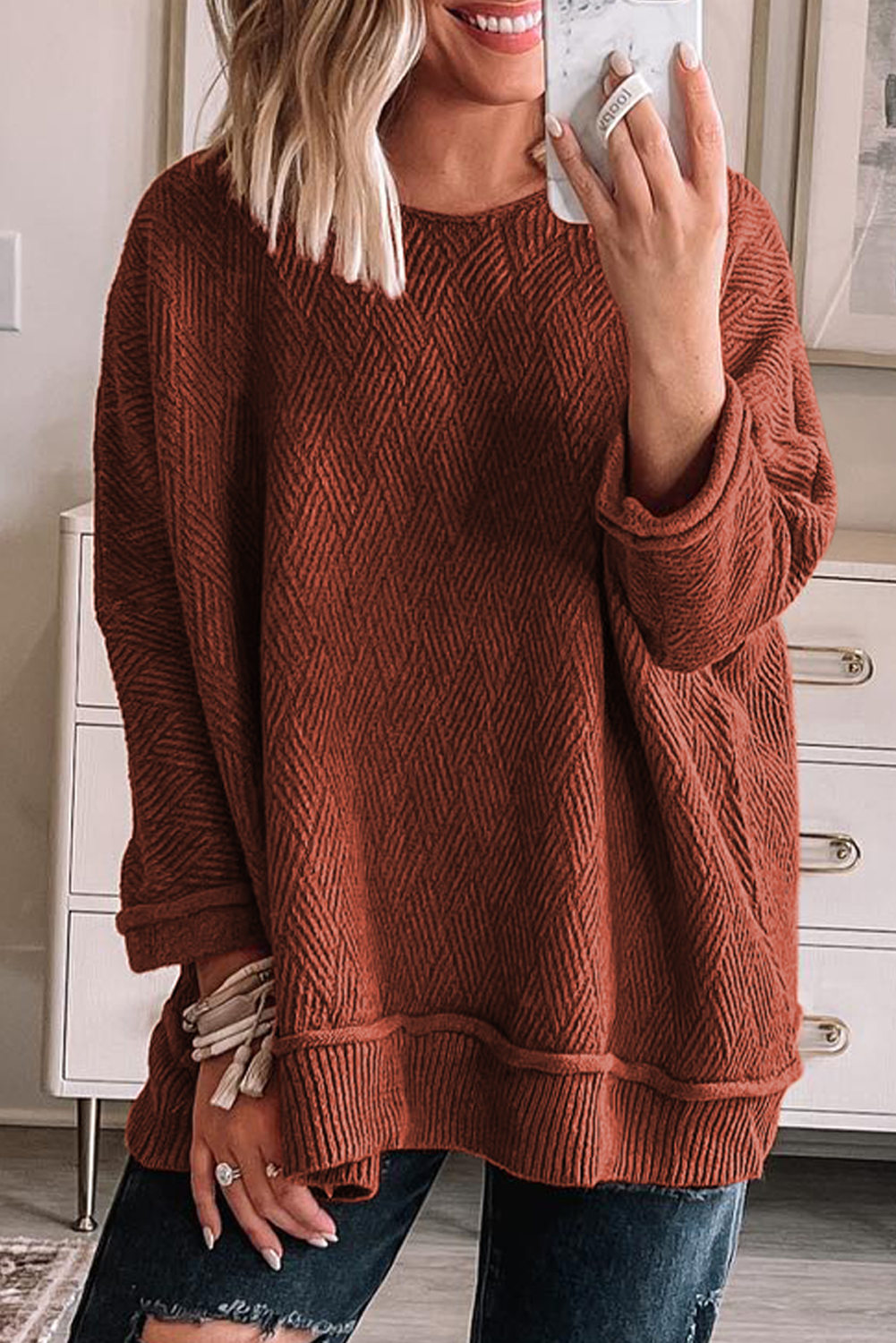  GOLD Flame Loose Round Neck Textured Sweater