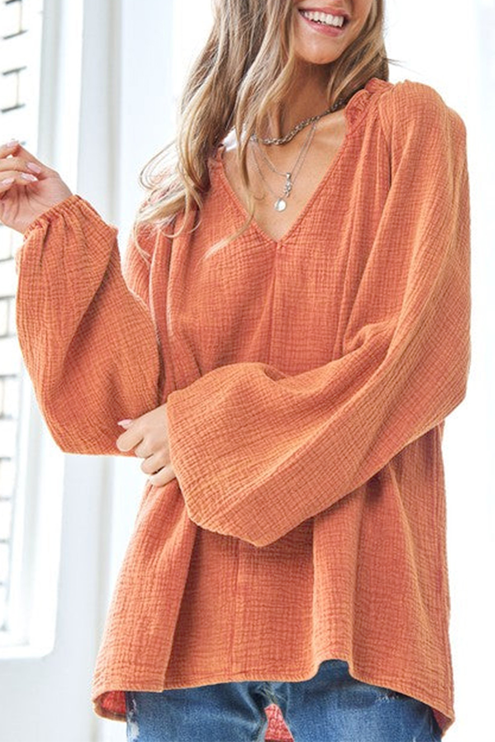 Orange Crinkled Ruffle V Neck Puff Sleeve Blouse