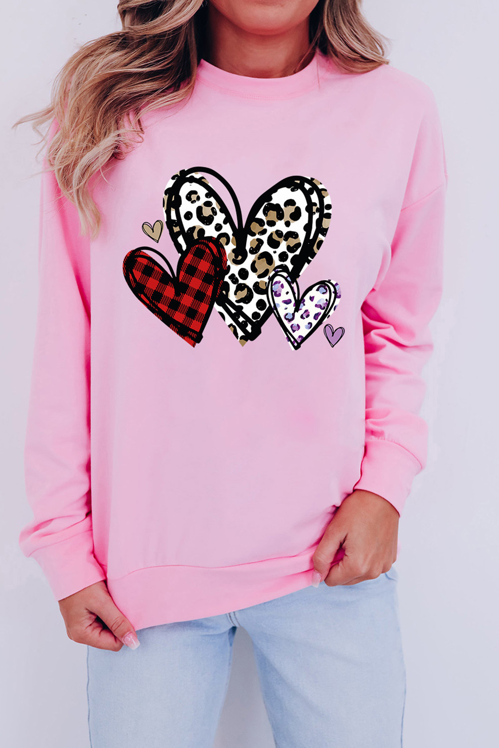 Pink Leopard Heart Shape Crew Neck Graphic Sweatshirt