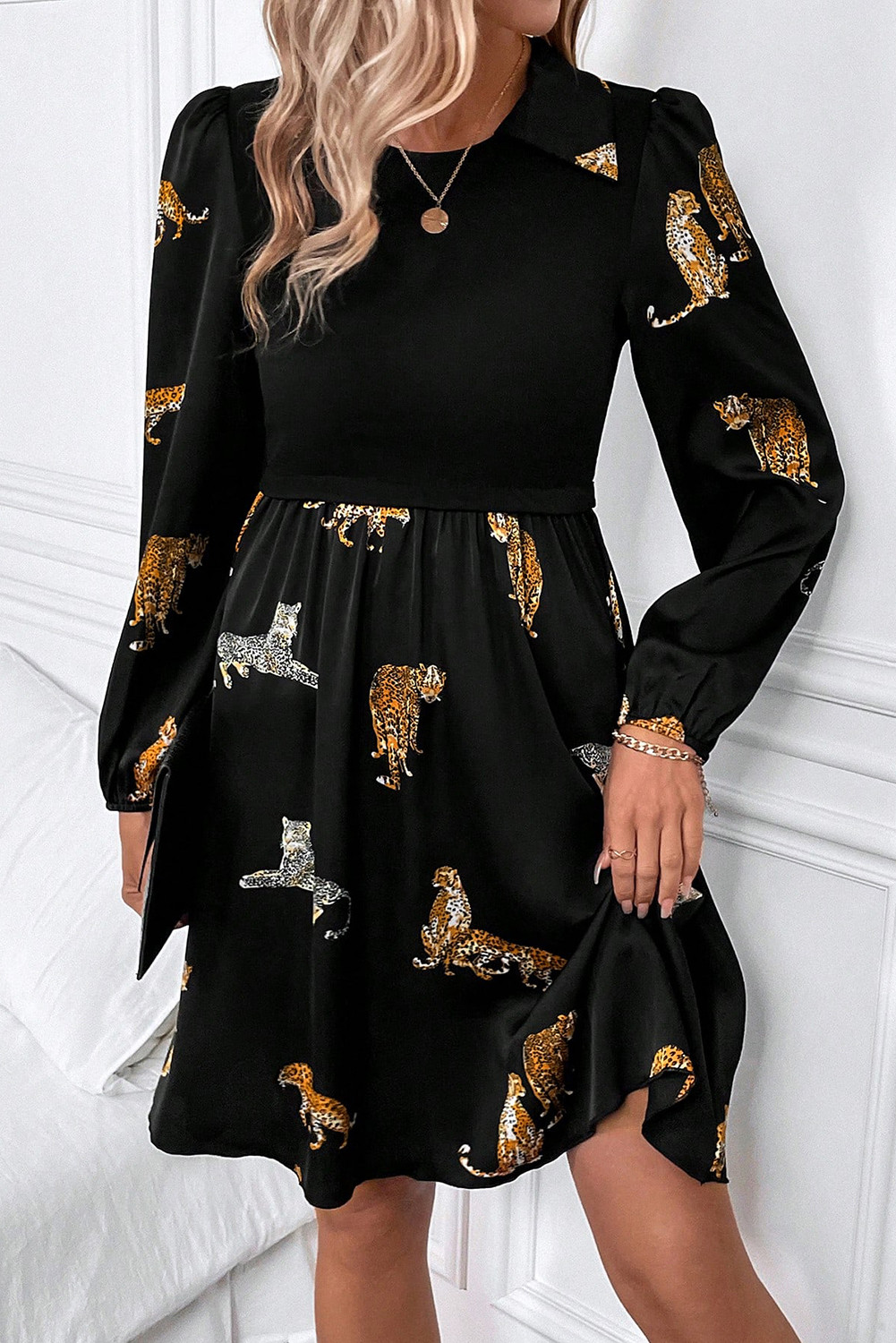 Black Leopard Print Puff Sleeve Swing Dress