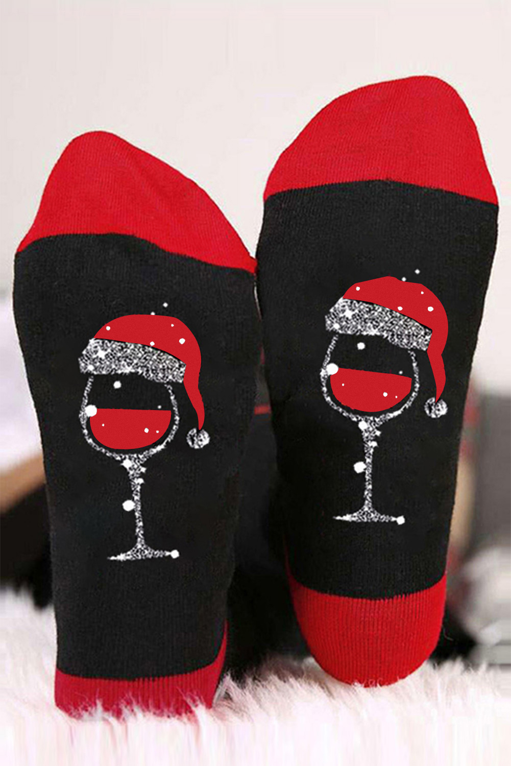 Shewin Wholesale Western Clothes Black Christmas Champagne Santa HAT Graphic Socks