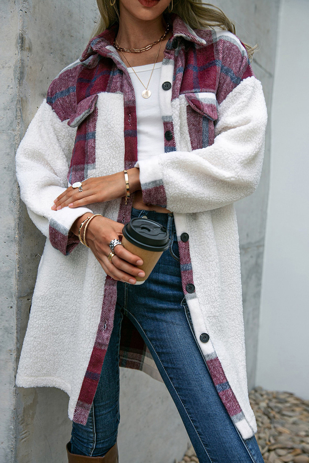 Red Polar Fleece Plaid Pocket Button Up Midi Coat