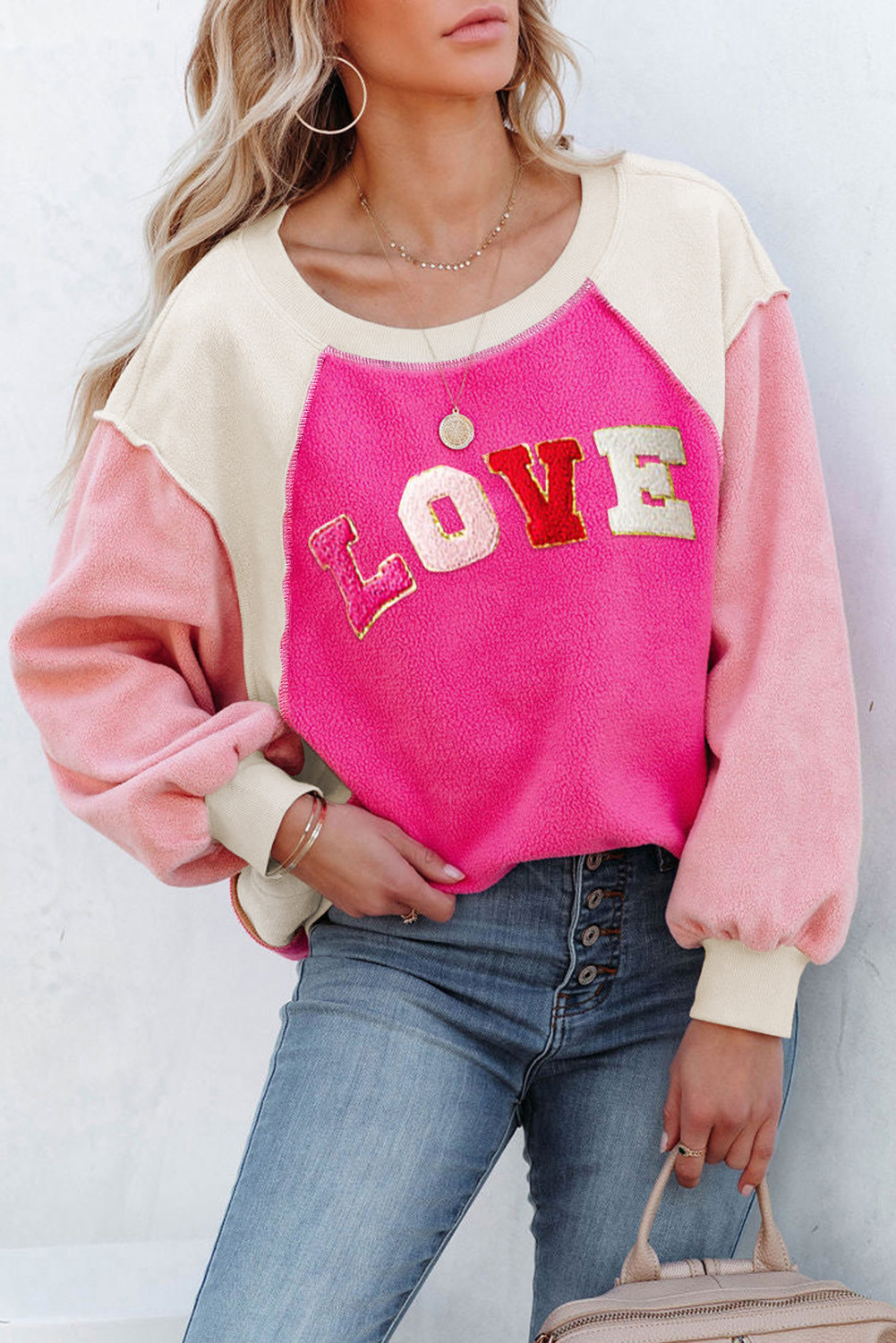Rose Pink Love Letter Graphic Colorblock Pullover Sweatshirt