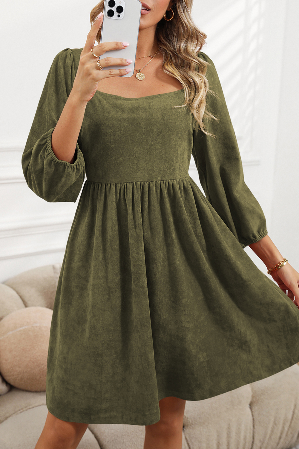Shewin Wholesale Western Apparel Green Washed Square Neck High Waist Flared Short DRESS