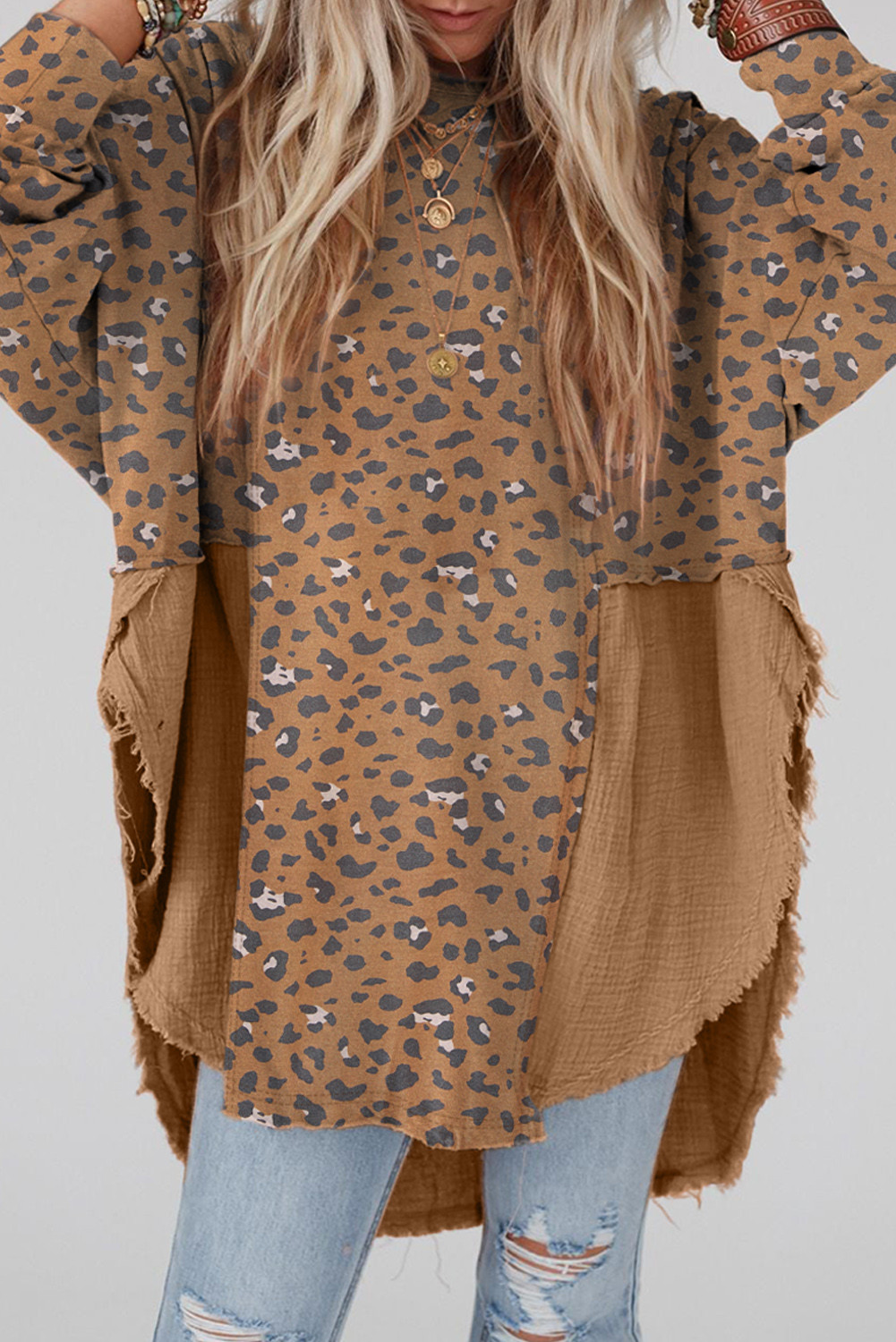 Brown Leopard Patchwork Raw Edge Oversized Top