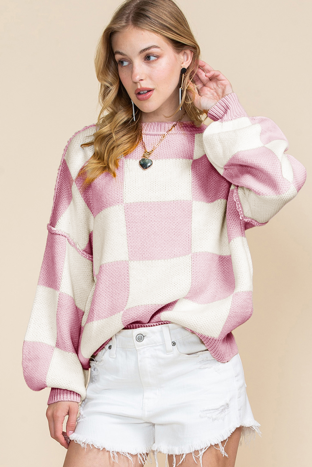 Shewin Wholesale Clothes Pink Checked Bishop Sleeve Pullover SWEATER