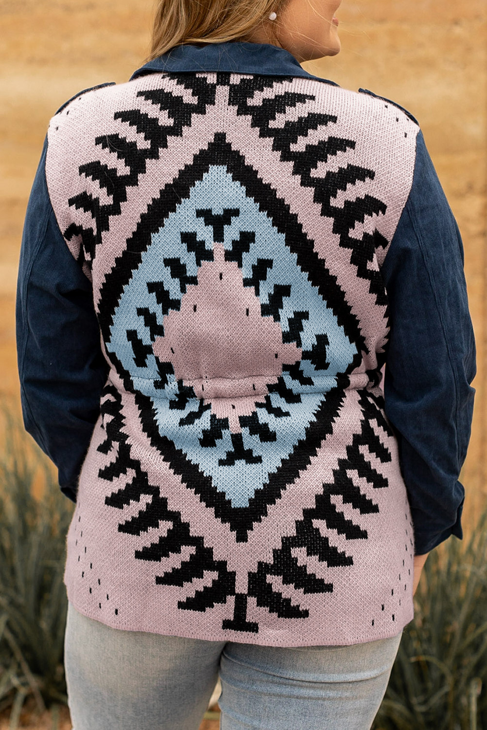 Blue Plus Size Corduroy Jacquard Knit Back Jacket