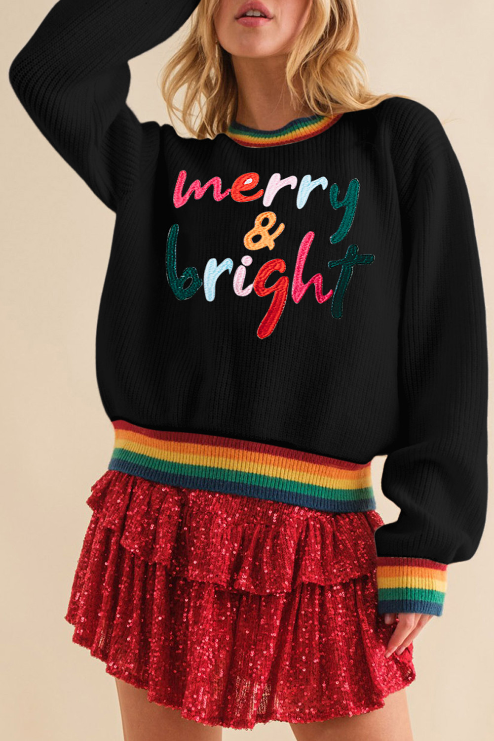 Black Glitter Merry & Bright Rainbow Striped Trim Sweater