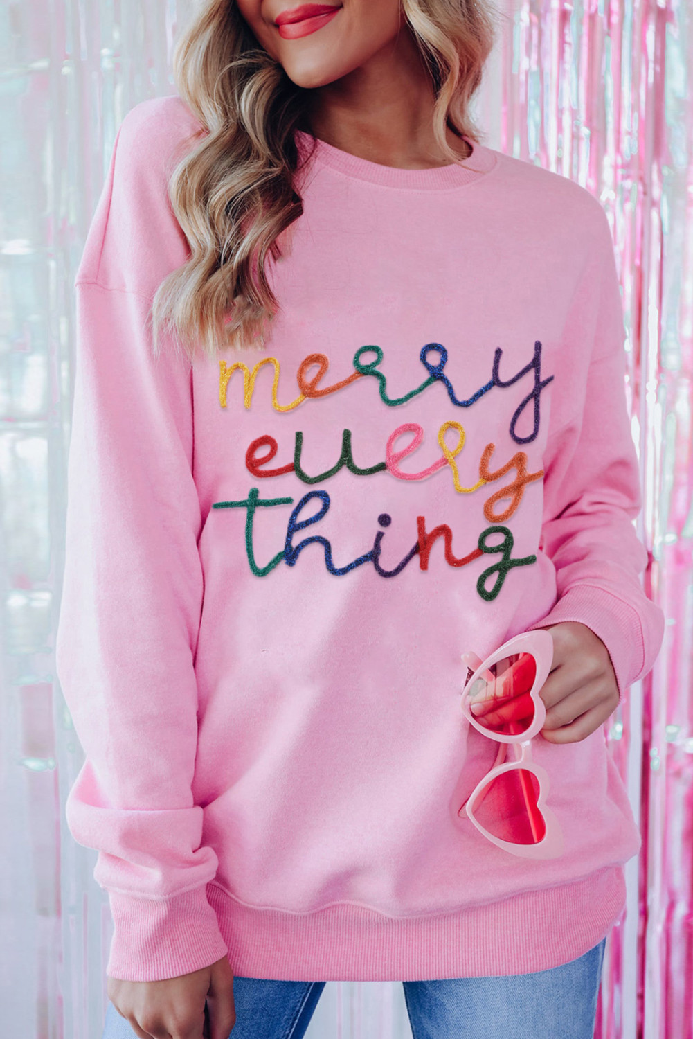 Pink Merry Every Thing Glitter Letter Christmas Sweatshirt