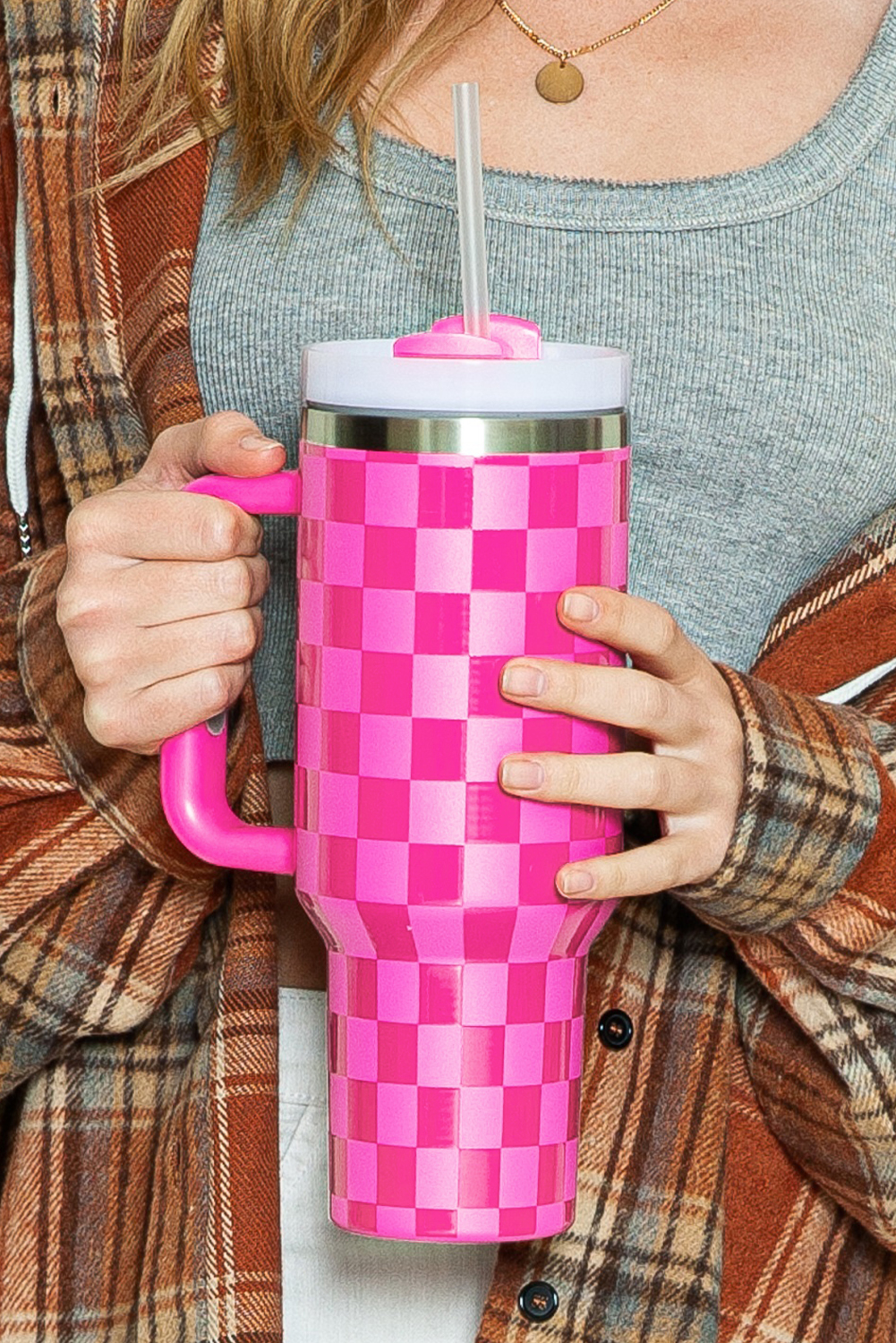 Shewin Wholesale Western Clothes Pink Checkered Print Handled Stainless Steel Tumbler Cup