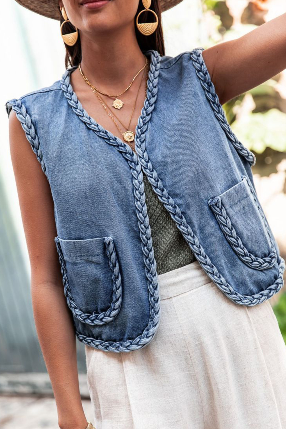 Shewin Wholesale Dropshippers Blue Braided Trim Pocketed Denim Open Front VEST