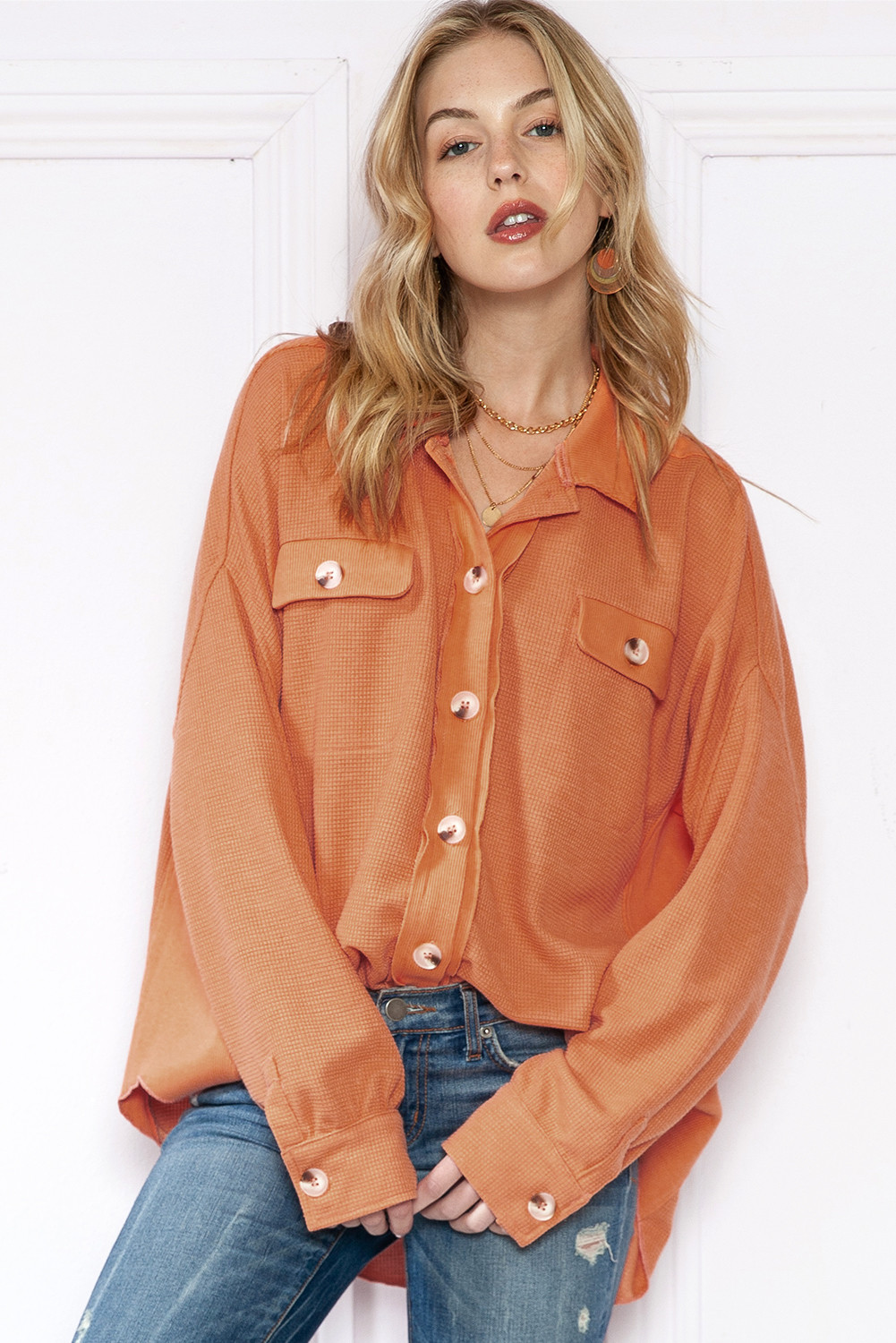 Gold Flame Button Flap Pocket Waffle Knit Shacket