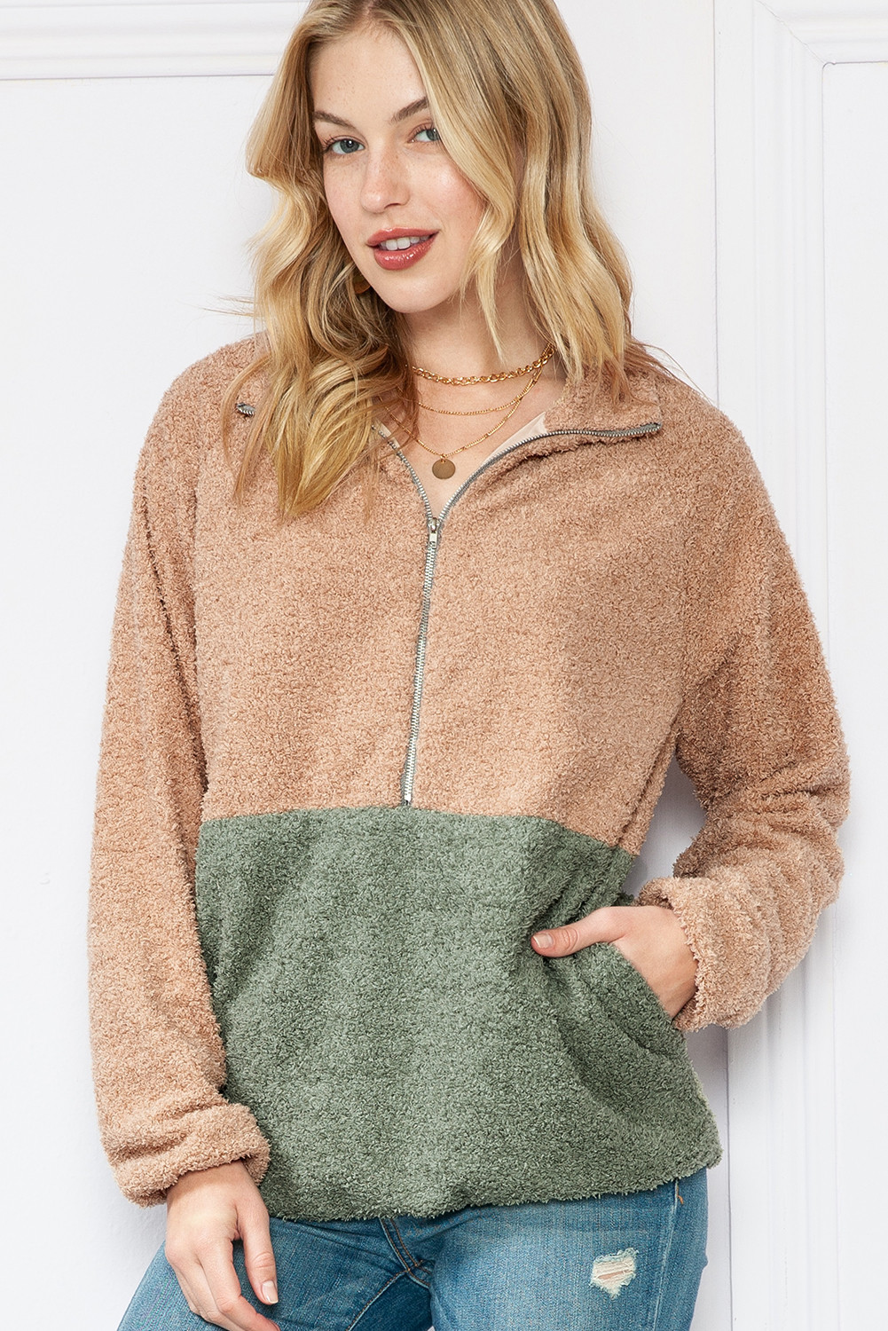 Smoke Gray Two Tones Color Block Half Zip Fleece Sweatshirt