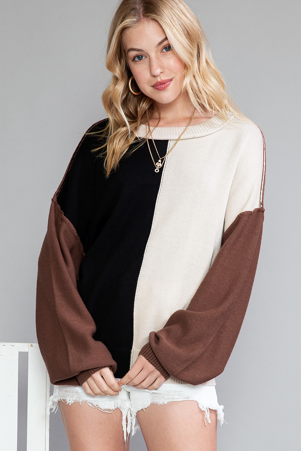 Coffee Color Block Exposed Seam Drop Shoulder Sweater