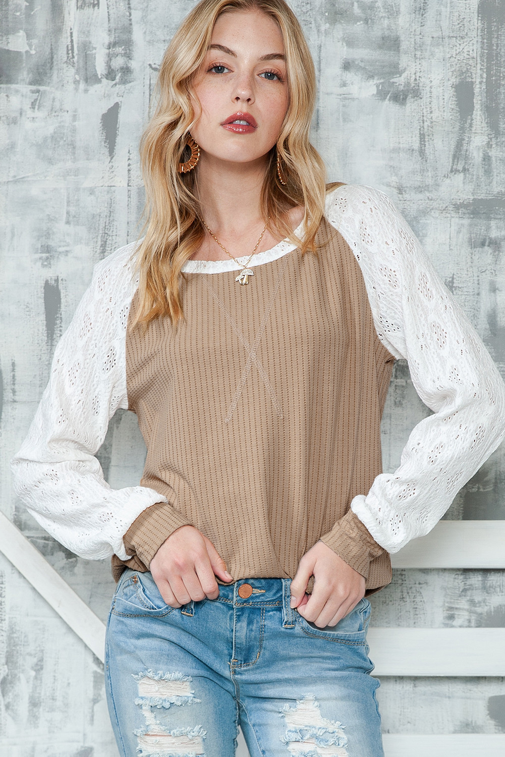 Light Beige Lace Crochet Splicing Sleeve Textured Top