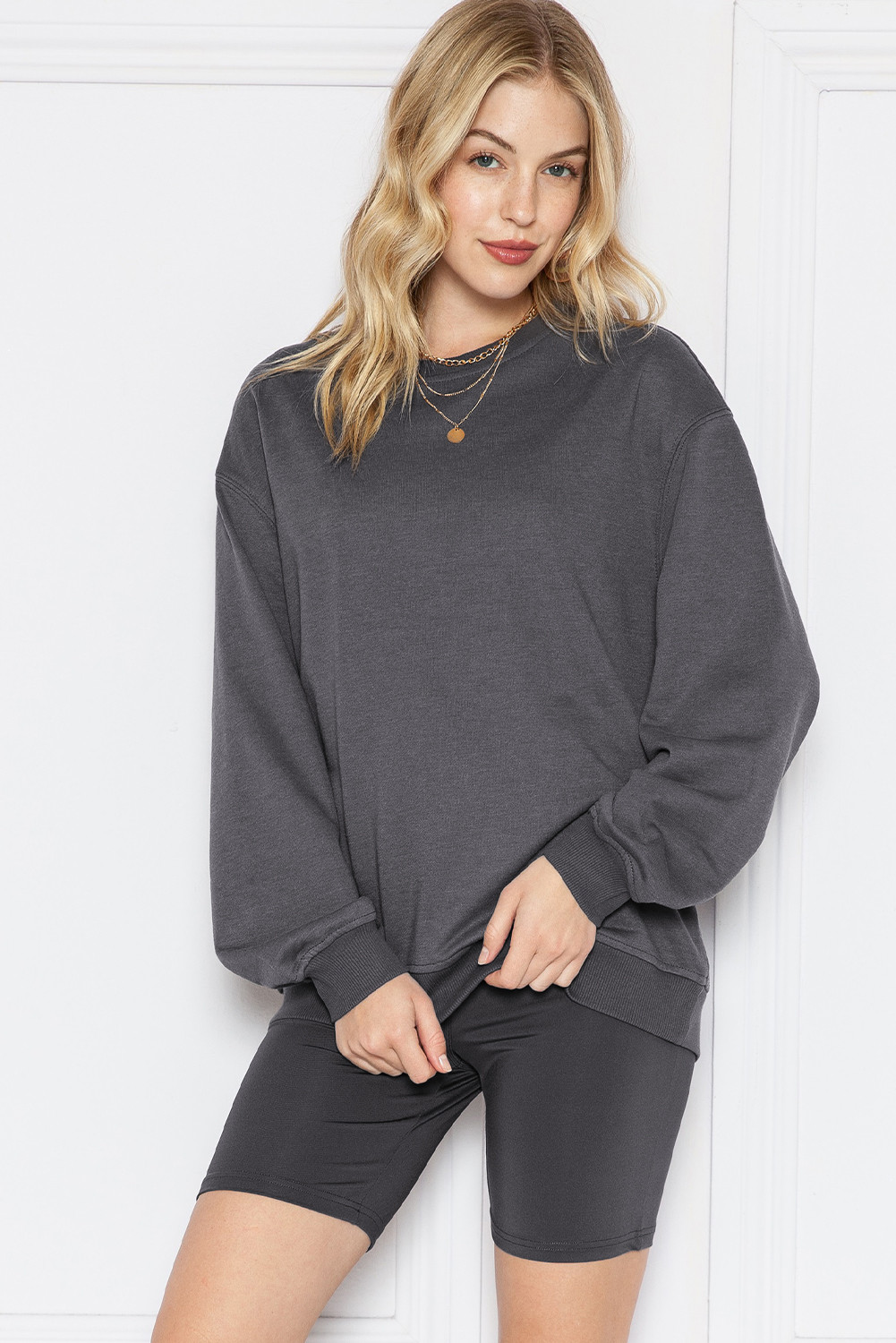 Dark Grey Solid Color Pullover & Skinny Shorts Two Piece Set