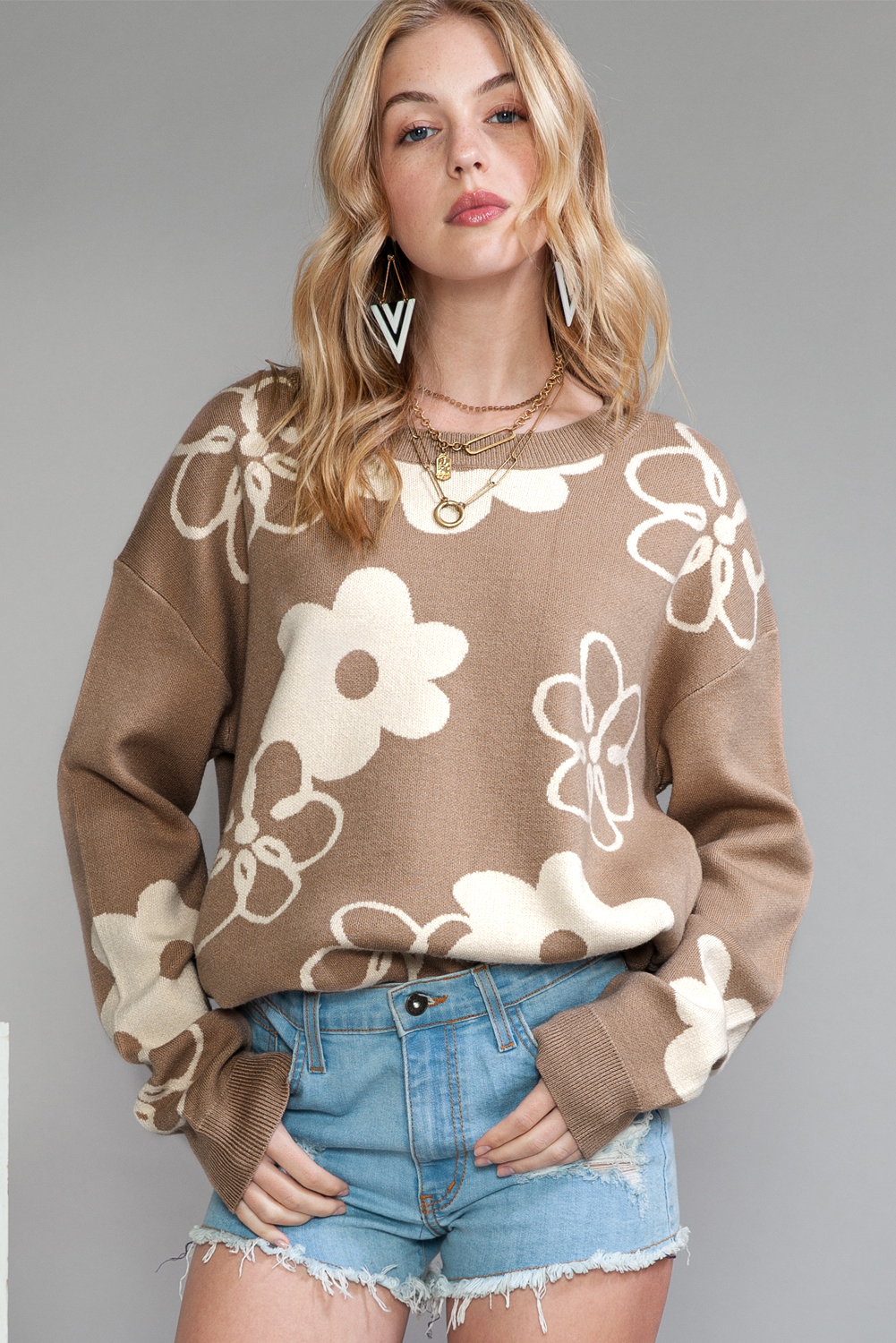 Camel 60s Floral Print Ribbed Contrast SWEATER