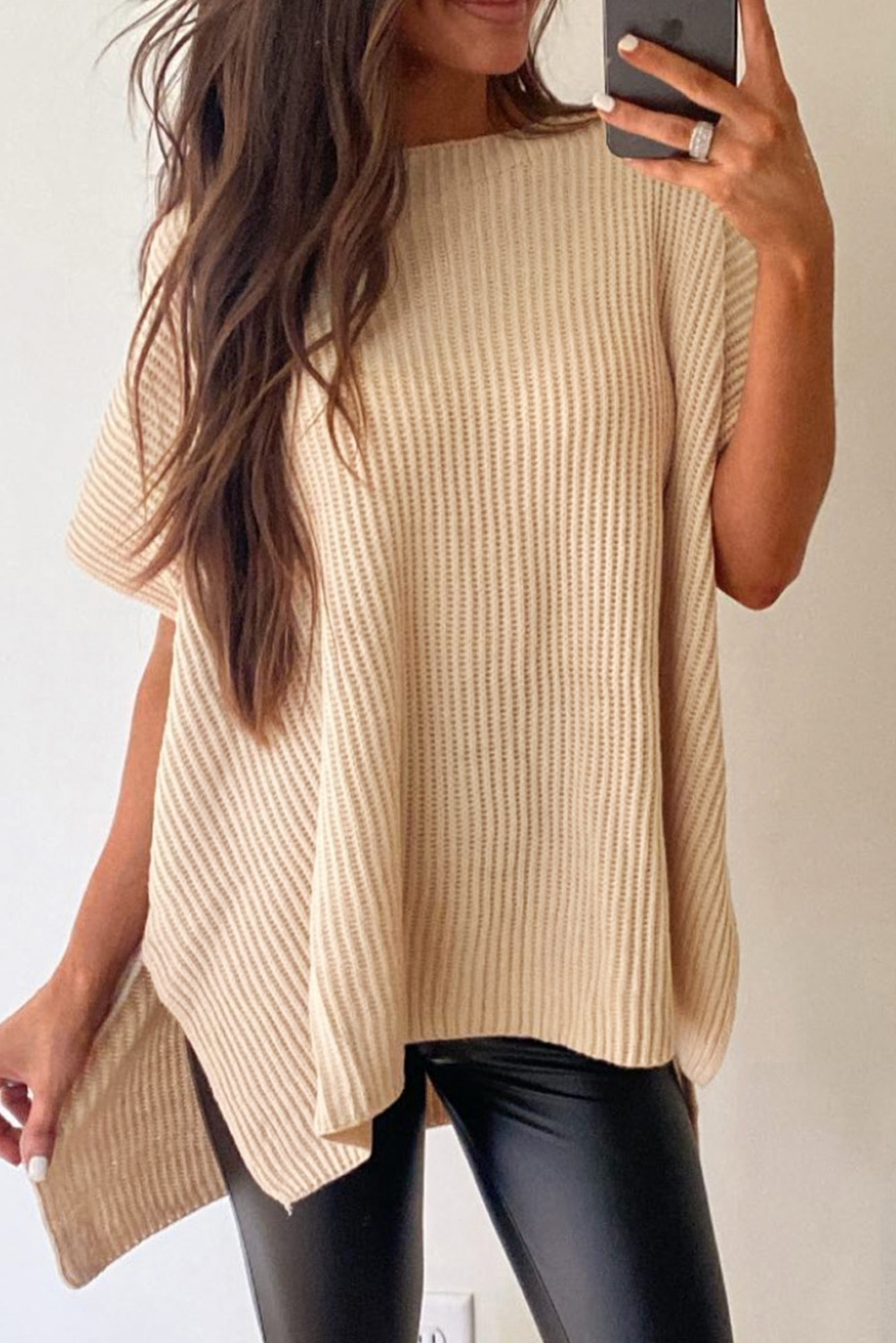 Shewin Wholesale NEW arrival Apricot Side Slit Short Sleeve Oversized Sweater
