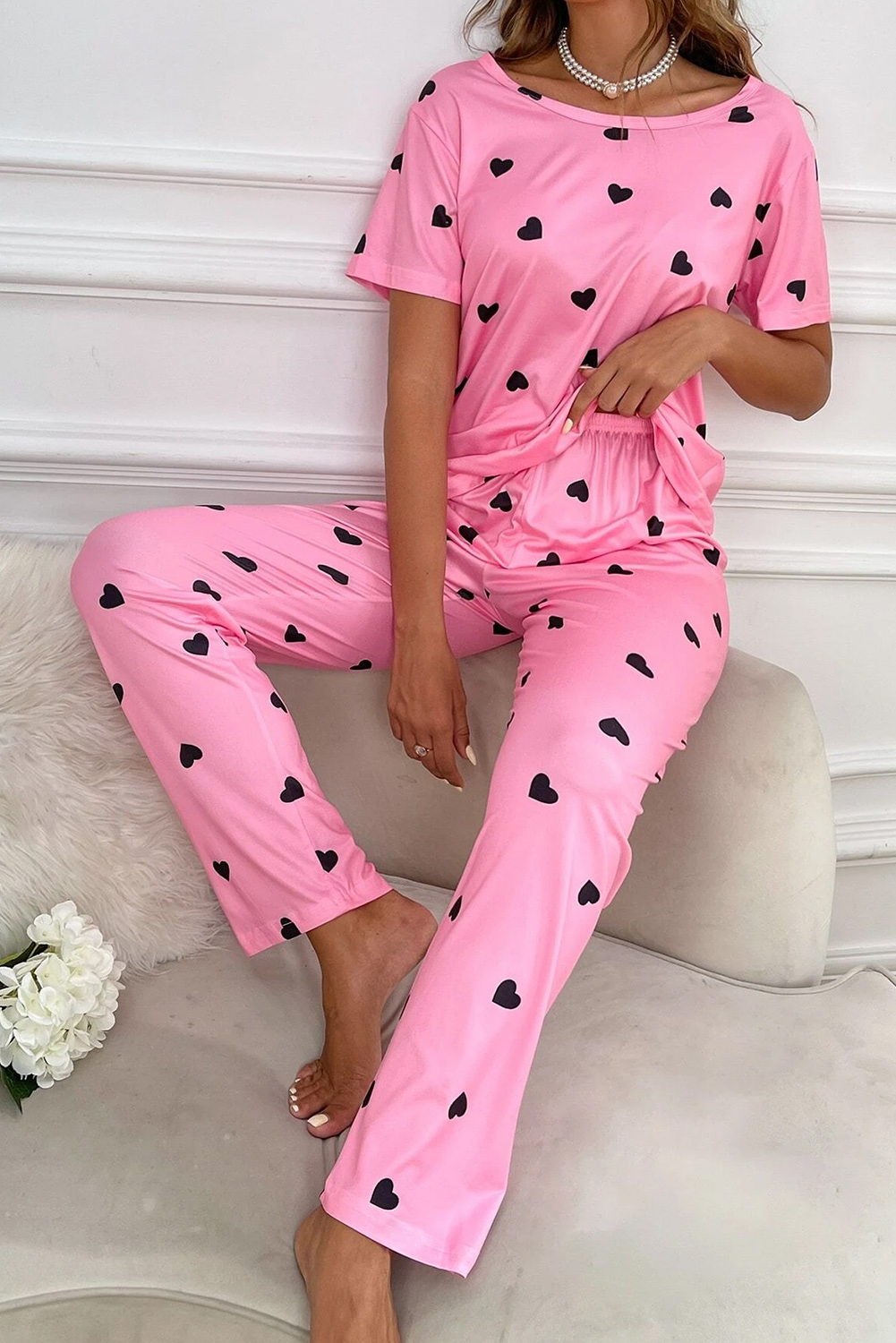  Pink Valentines Heart Print Tee & Pants PAJAMA Set