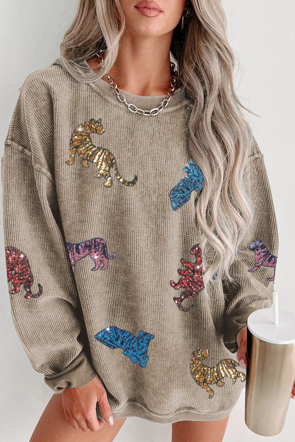  Khaki Corded VINTAGE Sequin Cheetah Graphic Sweatshirt