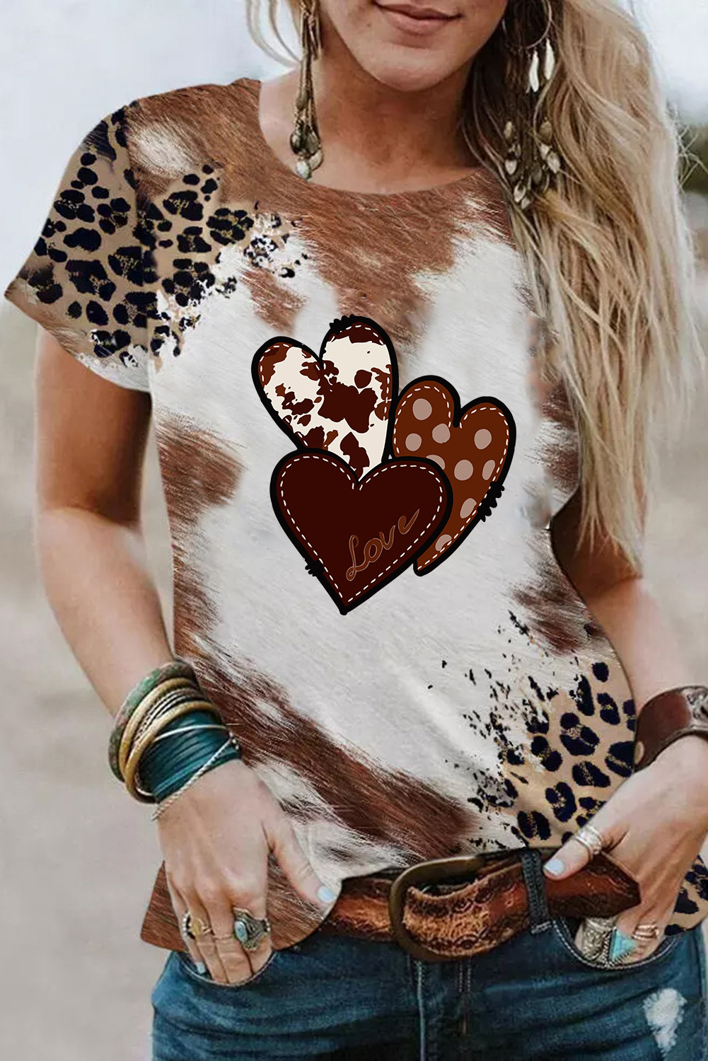  Chestnut TIE Dye Leopard Heart Graphic Round Neck Tee