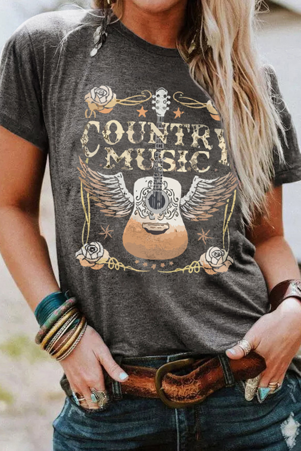 Shewin Wholesale Clothing Stores Gray COUNTRY MUSIC Guitar Graphic Print Crew Neck T Shirt