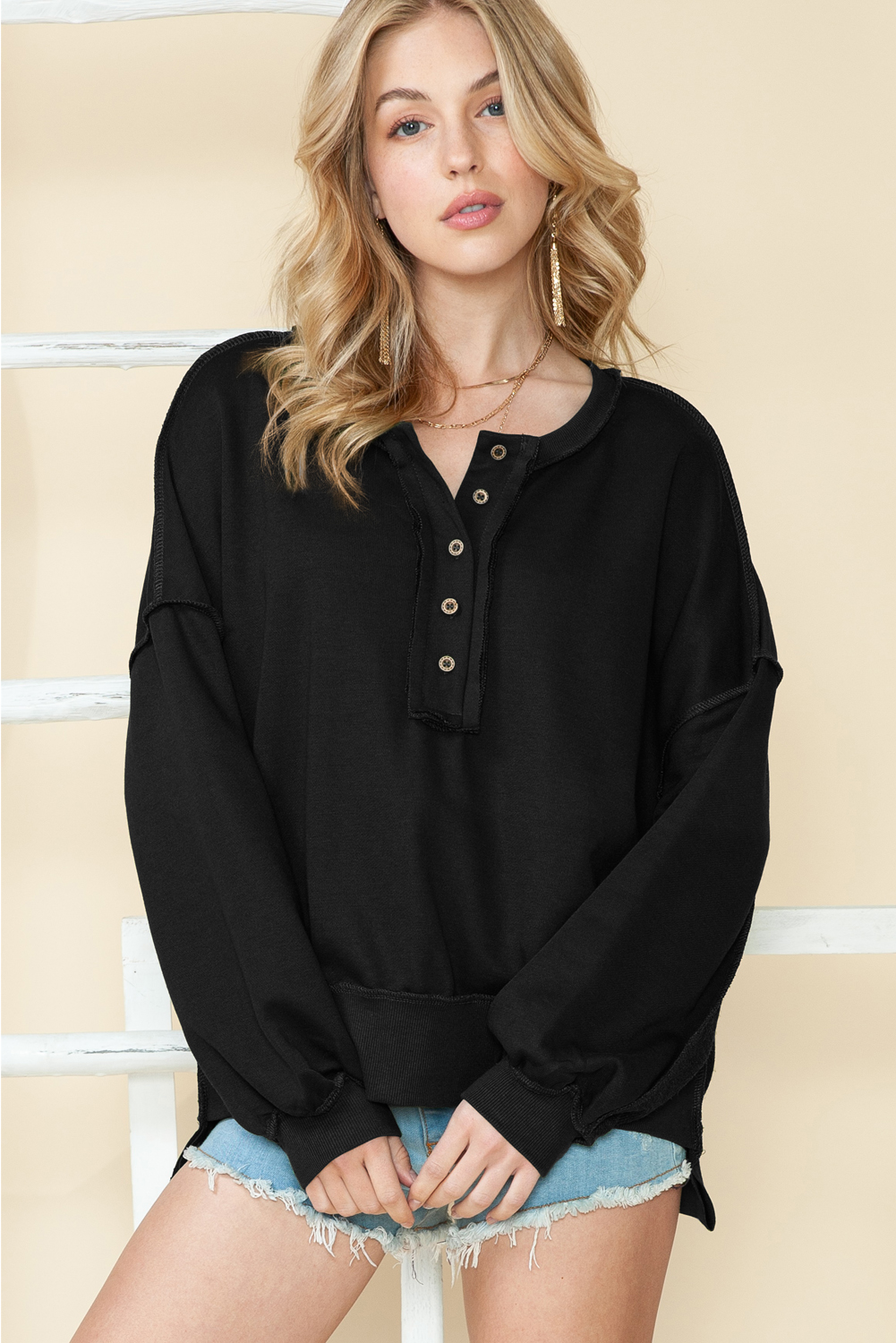 Shewin Wholesale Southern Boutique Black Slouchy Drop Shoulder Henley Sweatshirt