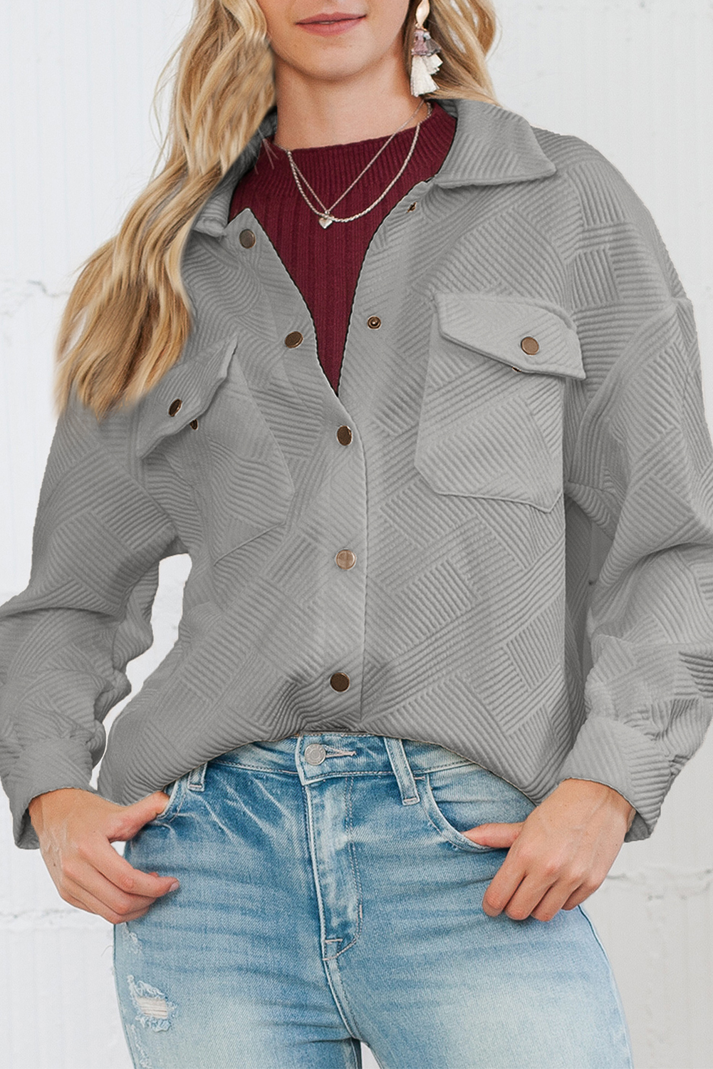 Shewin Wholesale Western Apparel Gray Solid Textured Flap Pocket Buttoned Shacket