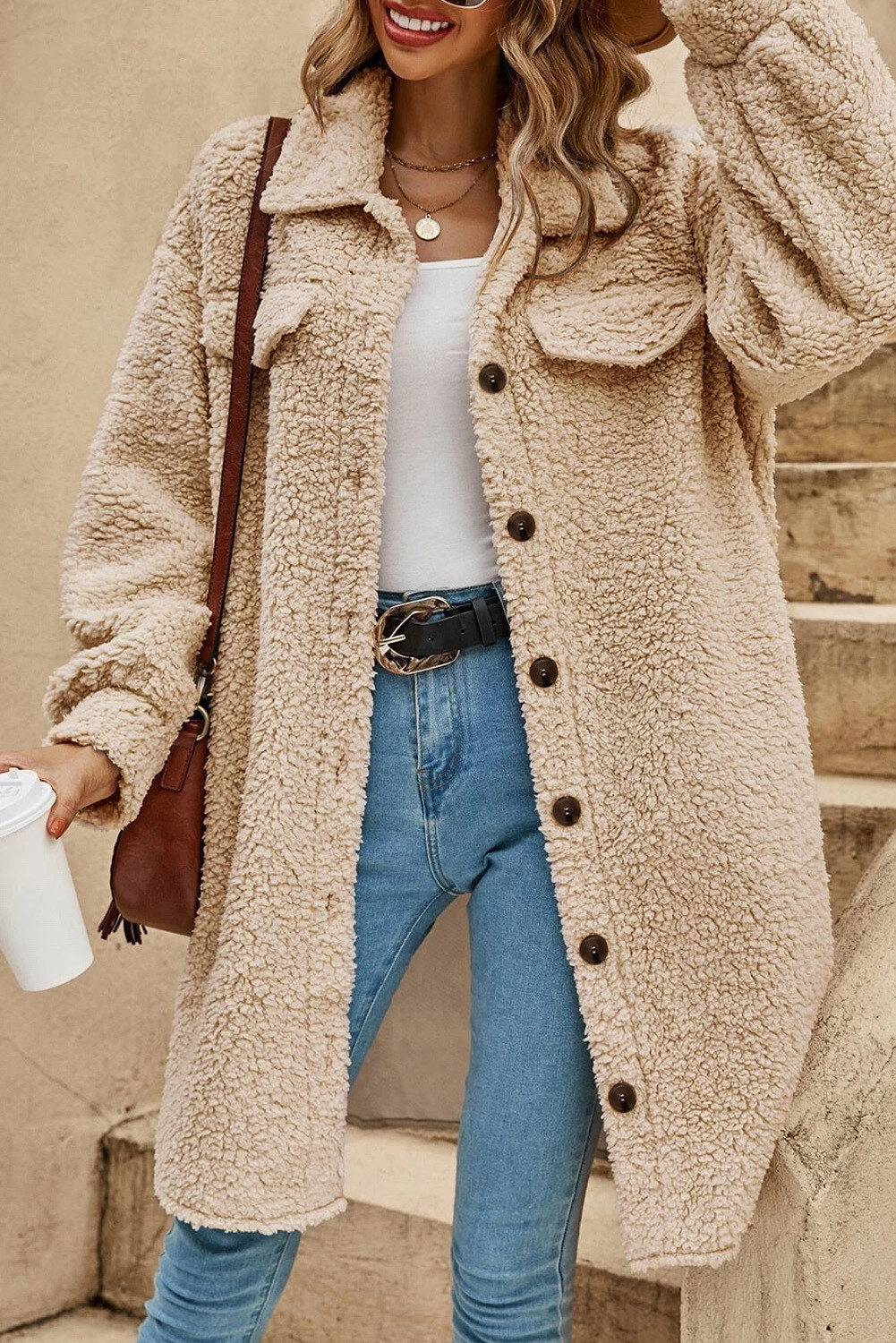 Pale Khaki Plaid Fleece Button Up Midi Coat