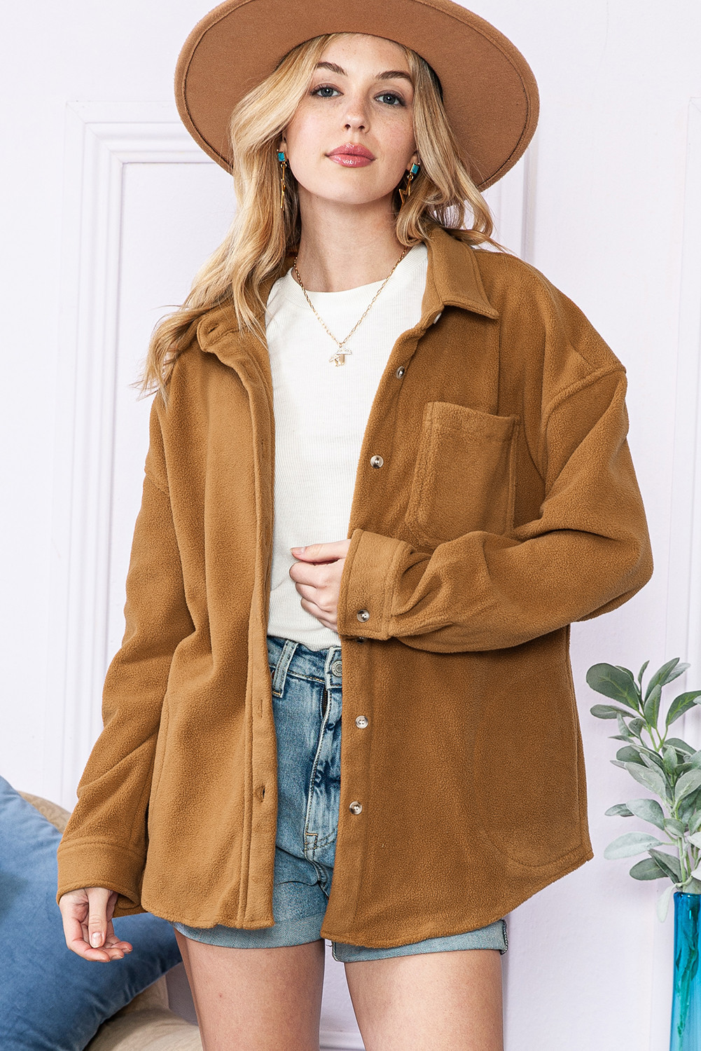 Camel Chest Pocket Button Up Fleece Shacket