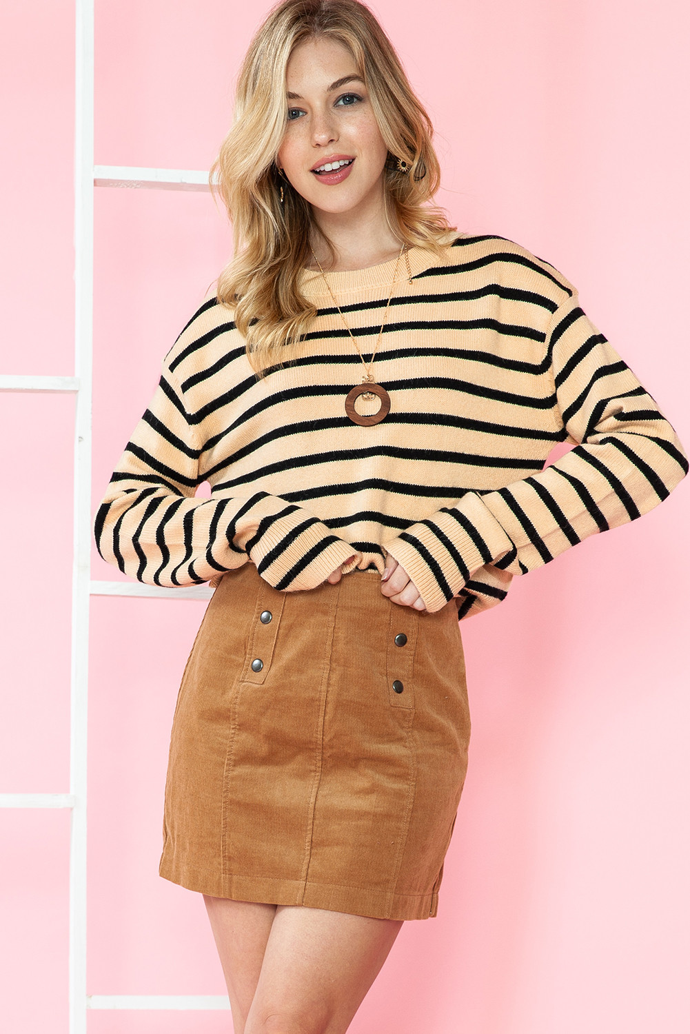 Light French Beige Striped Knit Drop Shoulder Cropped Sweater