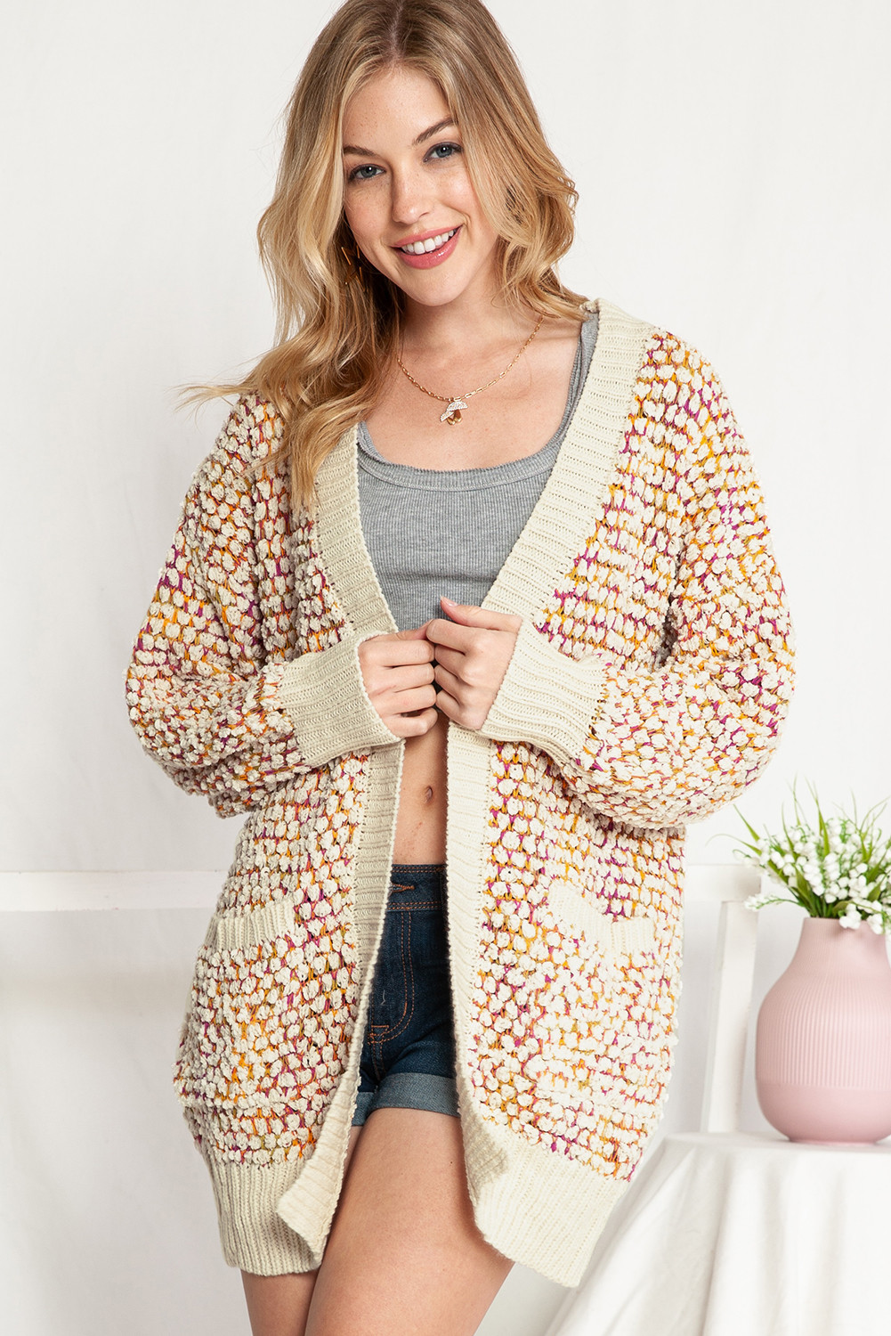 Multicolour Abstract Printed Bishop Sleeve Open Front Cardigan