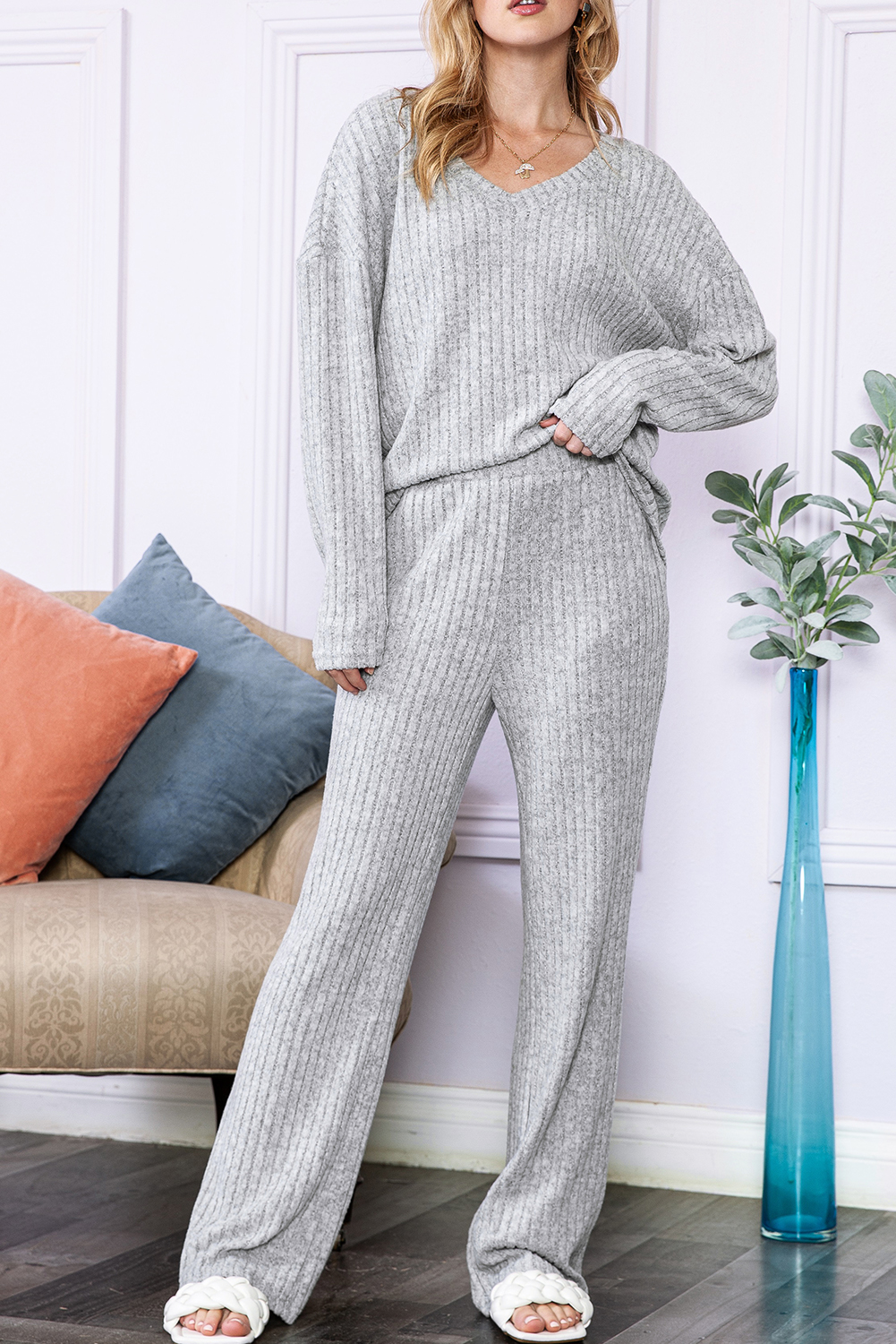Shewin Wholesale Chic Women Light Grey Slouchy Ribbed Knit V Neck Top & PANTS Loungewear Set