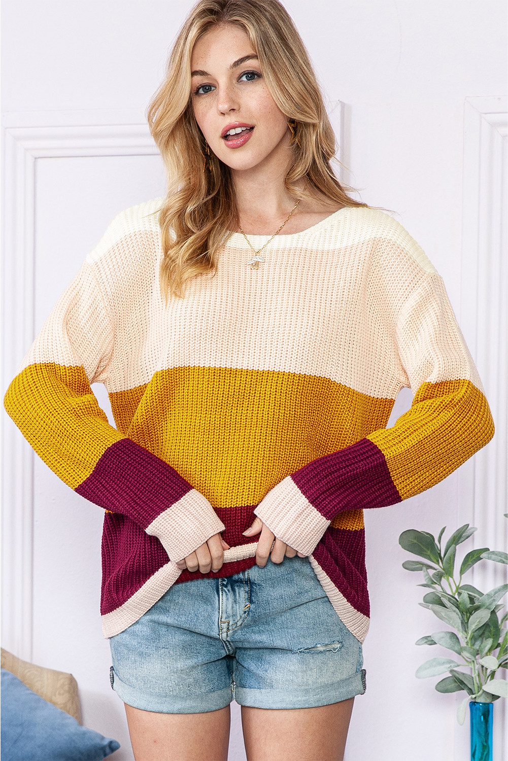 Multicolor Casual Colorblock Striped Knitted Sweater