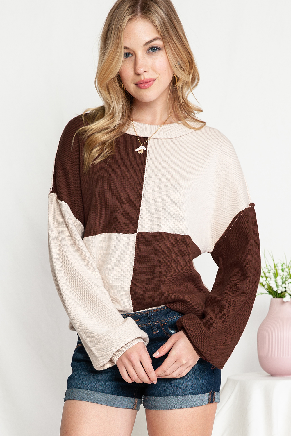 Shewin Wholesale Clothes Stores COFFEE Contrast Color Exposed Seam Lantern Sleeve Sweater