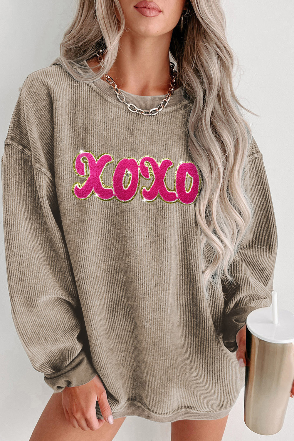  Khaki Corded xoxo Chenille Glitter PATCHES Graphic Sweatshirt