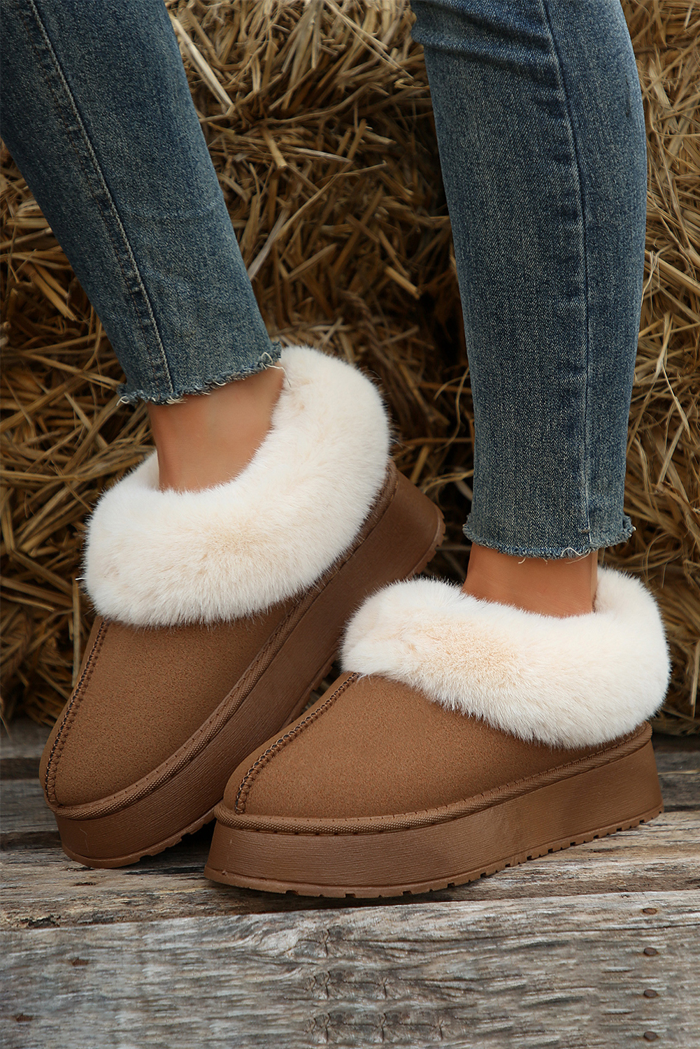 Shewin Wholesale Clothes Distributor Chestnut Plush Suede Trim Thick Sole Flat Snow BOOTS