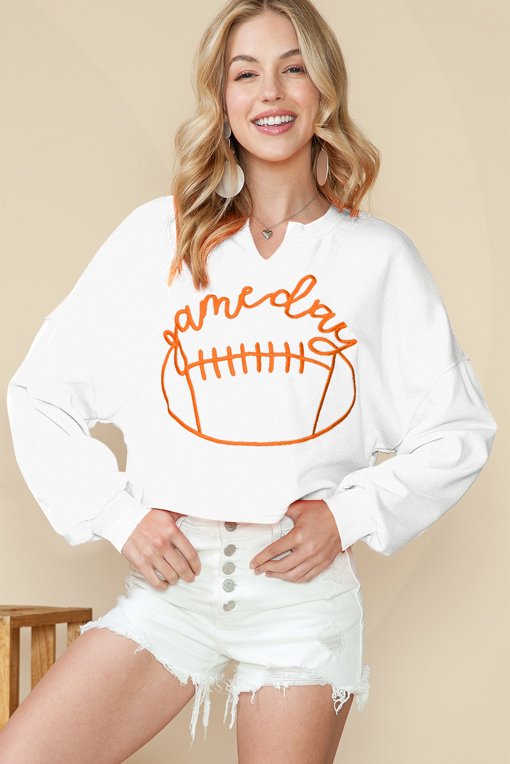 Shewin Wholesale Bulk Bright White GAME Day Lettering Rugby Notched Neck Cropped Sweatshirt