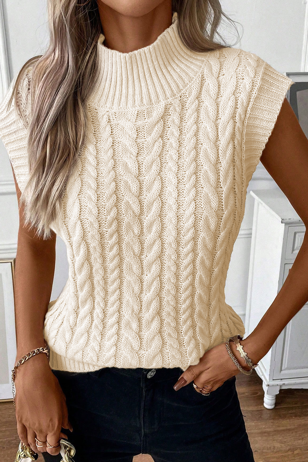 Oatmeal Ribbed Trim High Neck Cable Knit SWEATER Vest