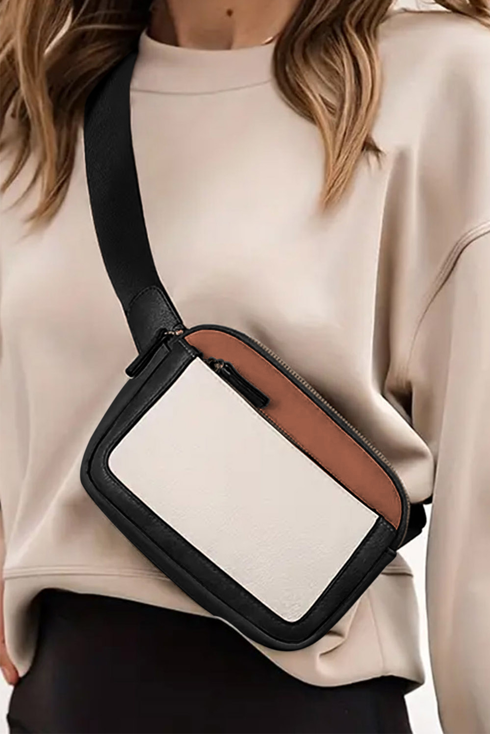  White Color Block Adjustable BELT PU Leather Crossbody Bag