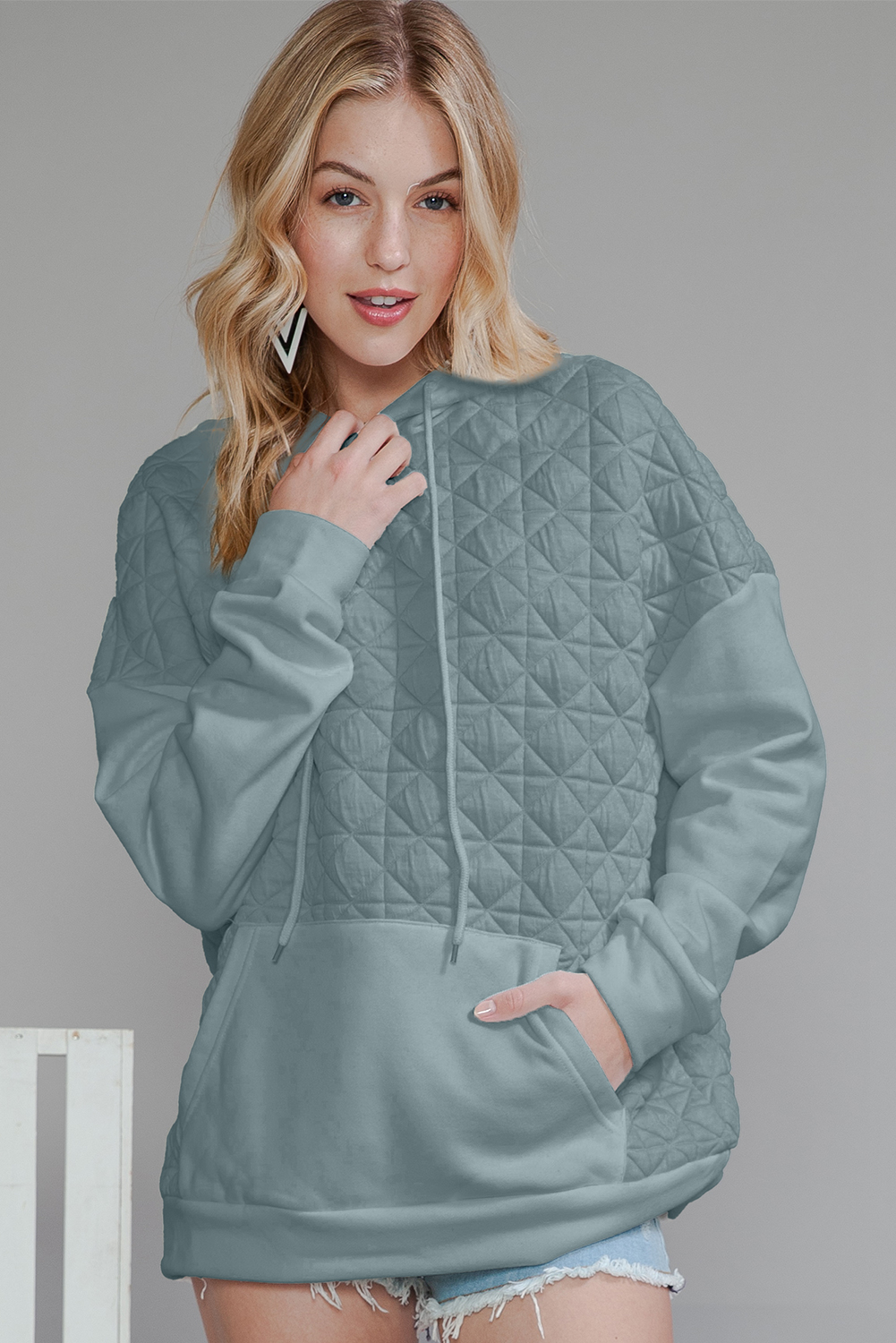 Shewin Wholesale Southern Apparel Light Grey Drop Shoulder Kangaroo Pocket Patchwork Quilted Hoodie