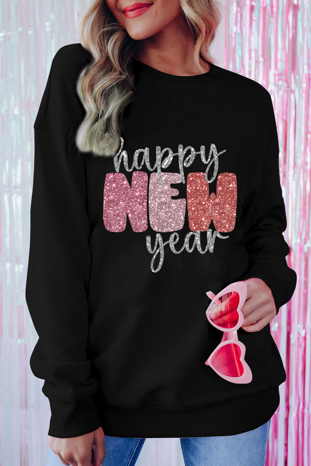 Shewin Wholesale Customized Black Sequin Happy NEW Year Graphic Sweatshirt