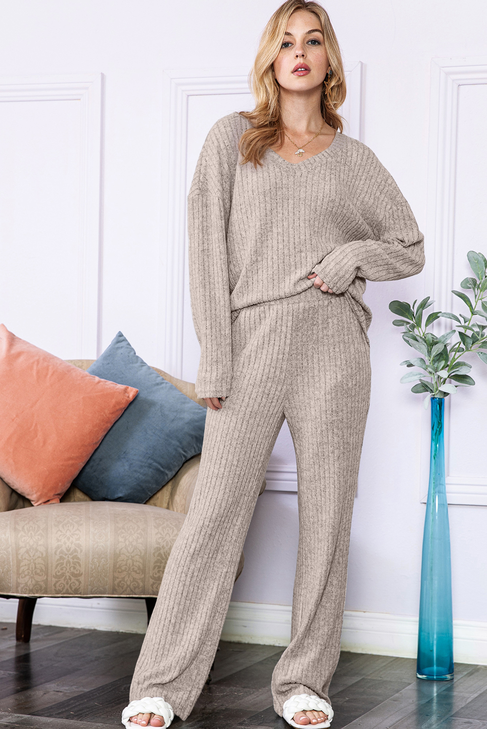 Khaki Slouchy Ribbed Knit V Neck Top & PANTS Loungewear Set