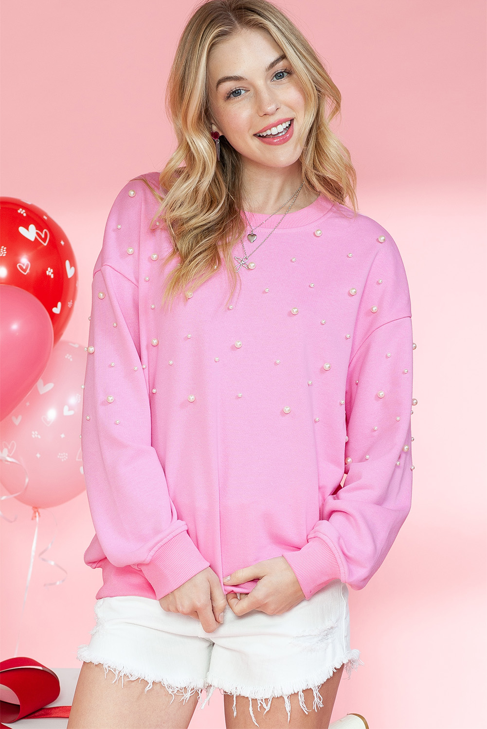 Shewin Wholesale Lady Pink Pearl Decor Ribbed Contrast Round Neck Sweatshirt