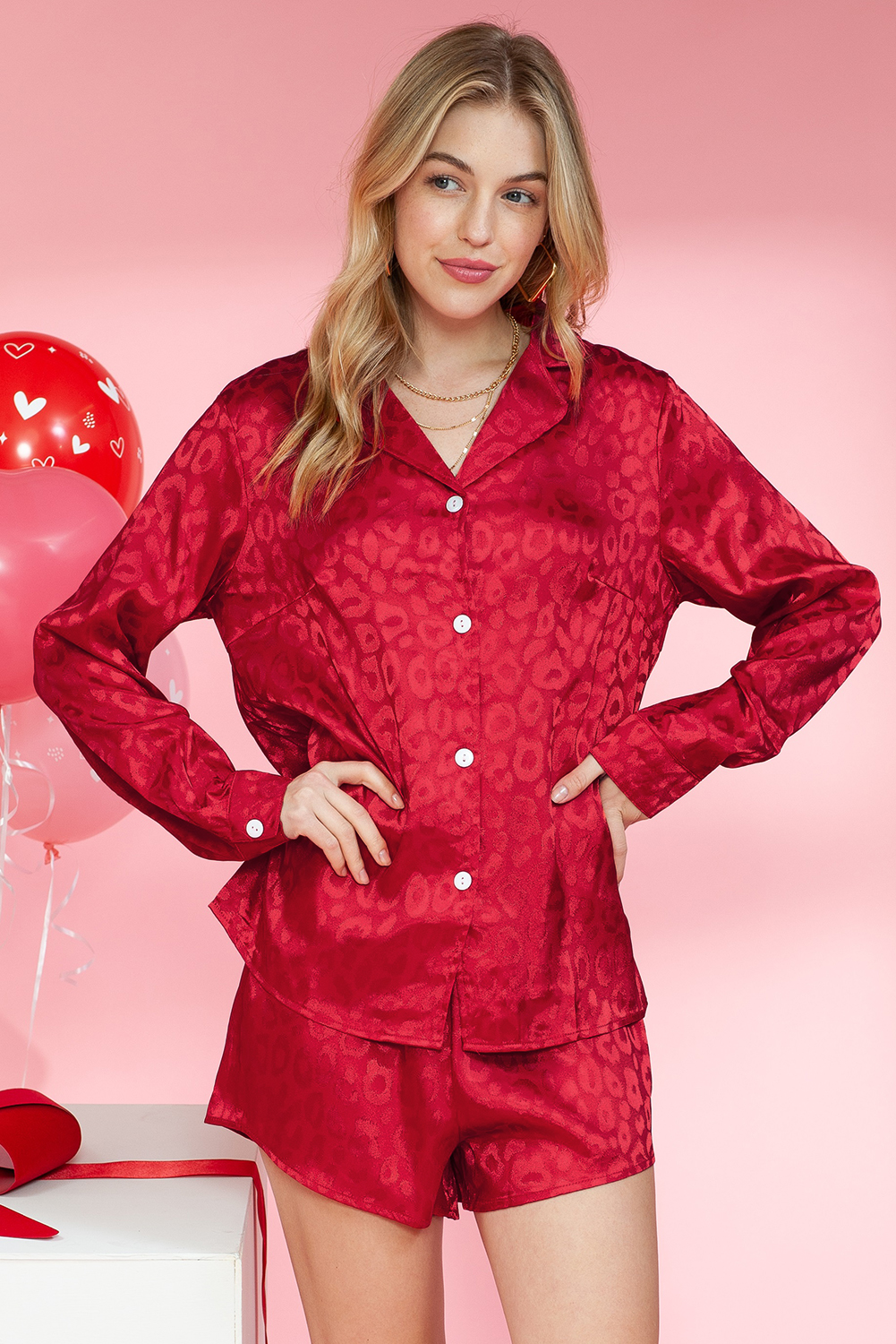 Shewin Wholesale Apparel Suppliers Red Leopard Satin Long Sleeve Top & SHORTS Loungewear Set