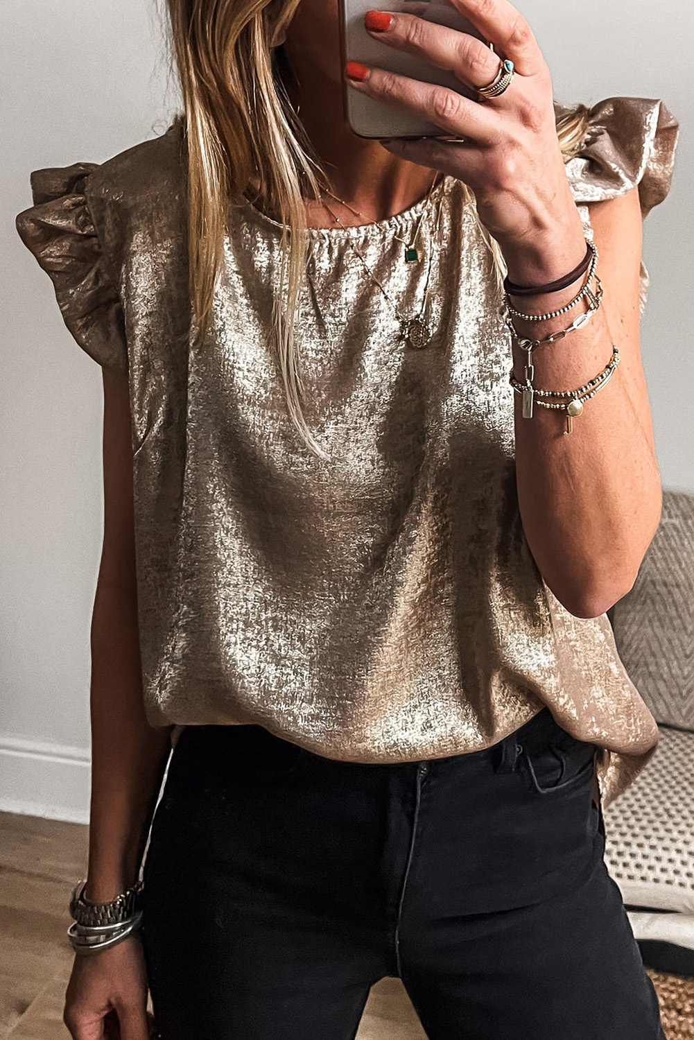Shewin Wholesale Apparel GOLD Metallic Solid Color Ruffle Shoulder Blouse