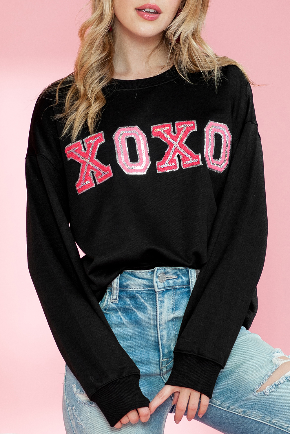  Black VALENTINE Shiny XOXO Letter Graphic Sweatshirt