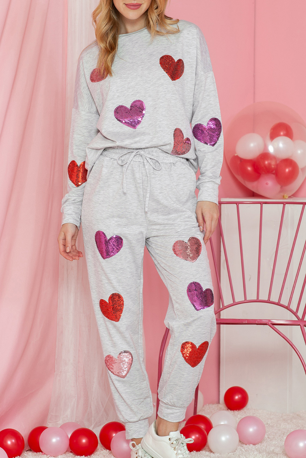 Gray Sequins Heart Graphic Top & Drawstring Pants Pajama Set