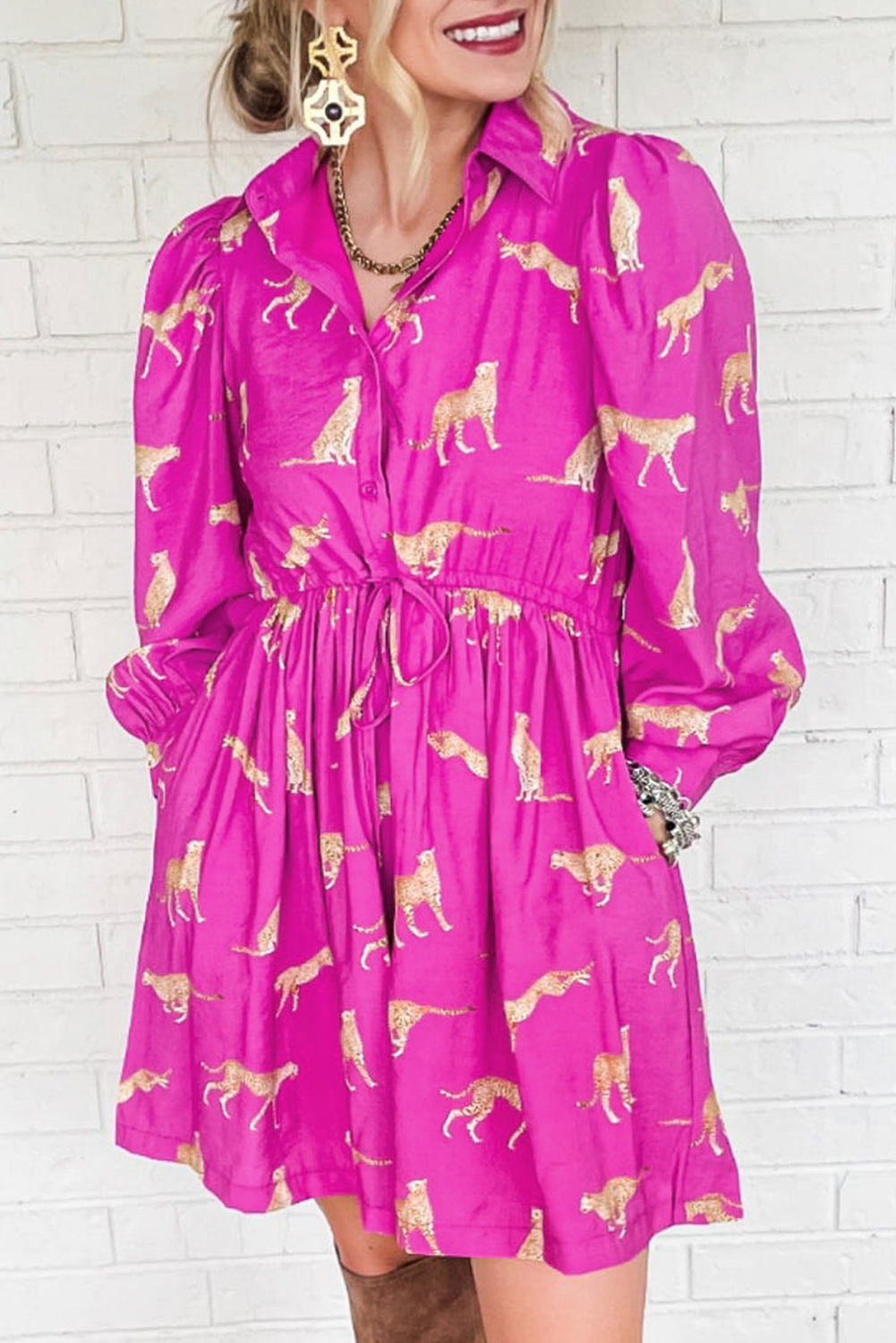 Shewin Wholesale Casual Rose Cheetah Print Side Pockets Drawstring Mini Shirt Dress