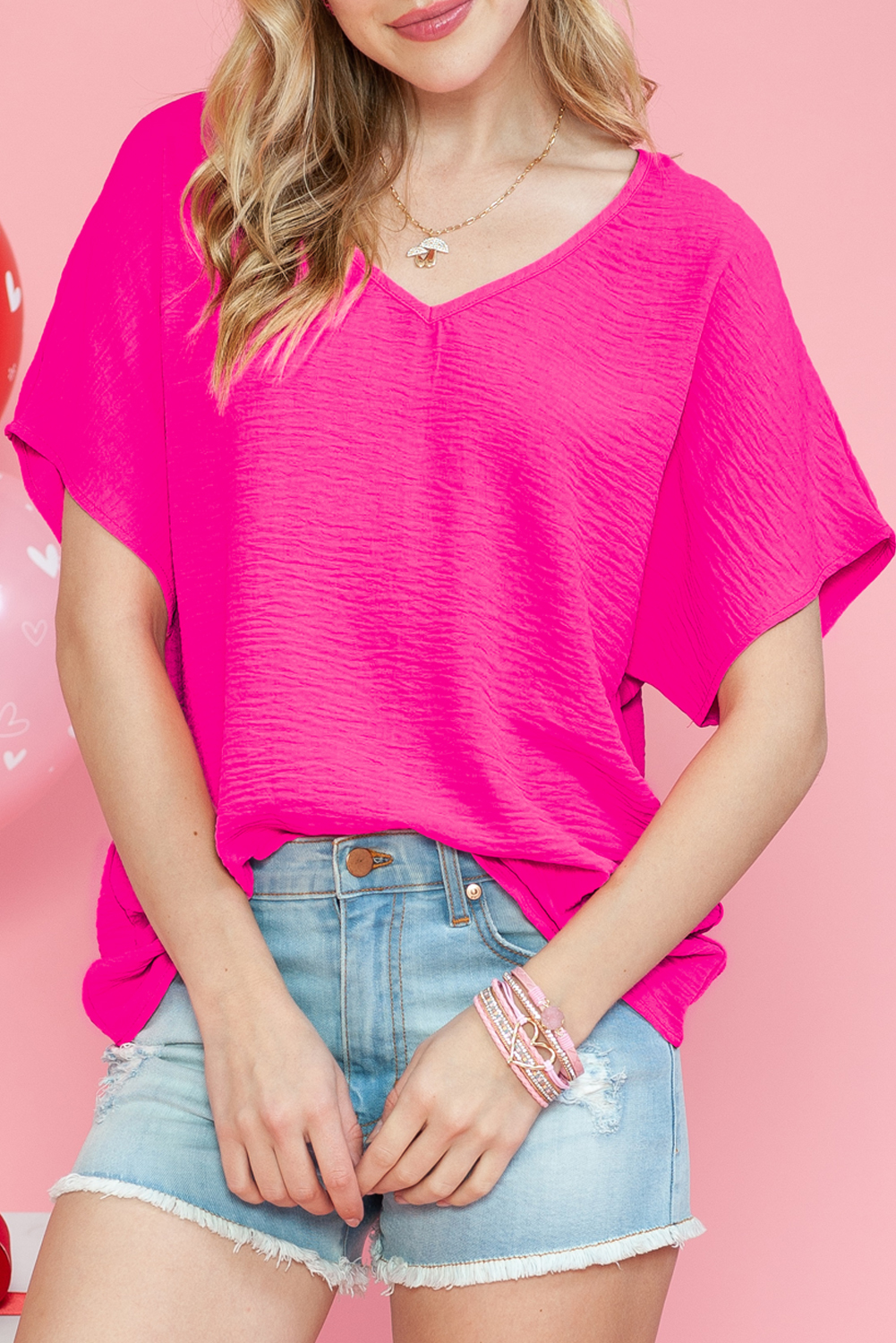 Shewin Wholesale CLOTHING Stores Rose Basic Solid Color V Neck Short Sleeve Blouse